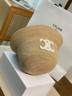 Celine Men's and Women's Embroidered Logo Pattern Khaki Raffia Woven Fisherman's Hat Cap #76174