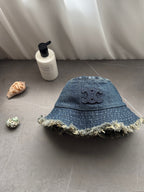 Chanel Women's Solid Colour Washed Denim Fringed Raw Edge Fisherman's Hat Cap #76781