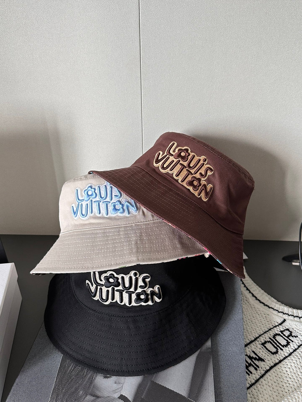 Louis Vuitton Men's and Women's Solid Colour Embroidered Letter Printed Cowboy Duck Tongue Cap Fisherman's Hat #76721