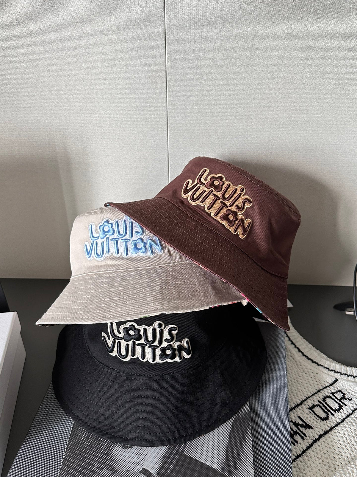 Louis Vuitton Men's and Women's Solid Colour Embroidered Letter Printed Cowboy Duck Tongue Cap Fisherman's Hat #76721