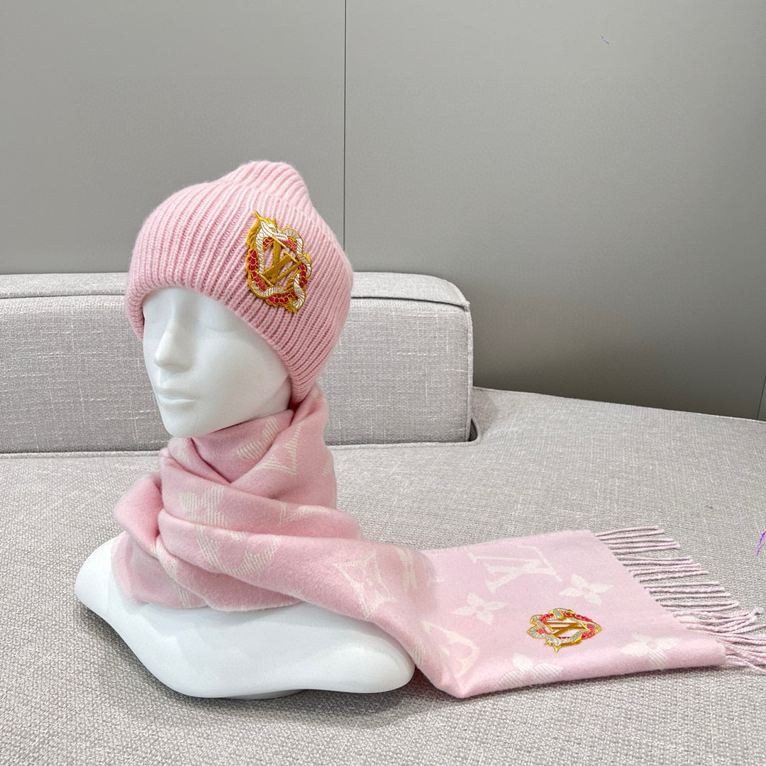Louis Vuitton Women's Autumn and Winter Embroidery Pan Long Patch Logo Pink Woolen Fleece Hat Scarf Set #98115