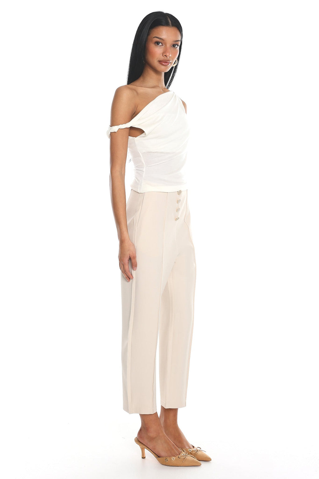 Downtown Girl Button-Front Cropped Trousers Cream
