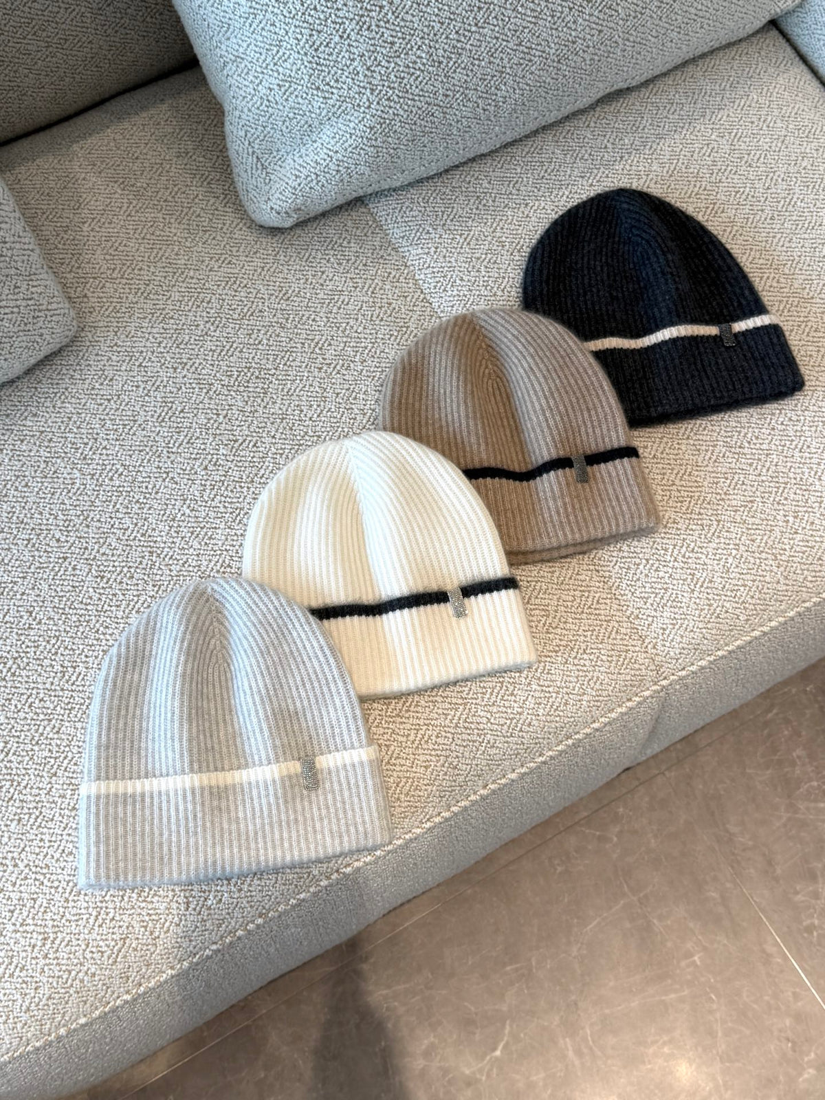 Brunello Cucinelli Women's Fall/Winter Striped Solid Color Cashmere English Rib Knit Beanie With Monili Casual Hat Cap Ngvp #2524