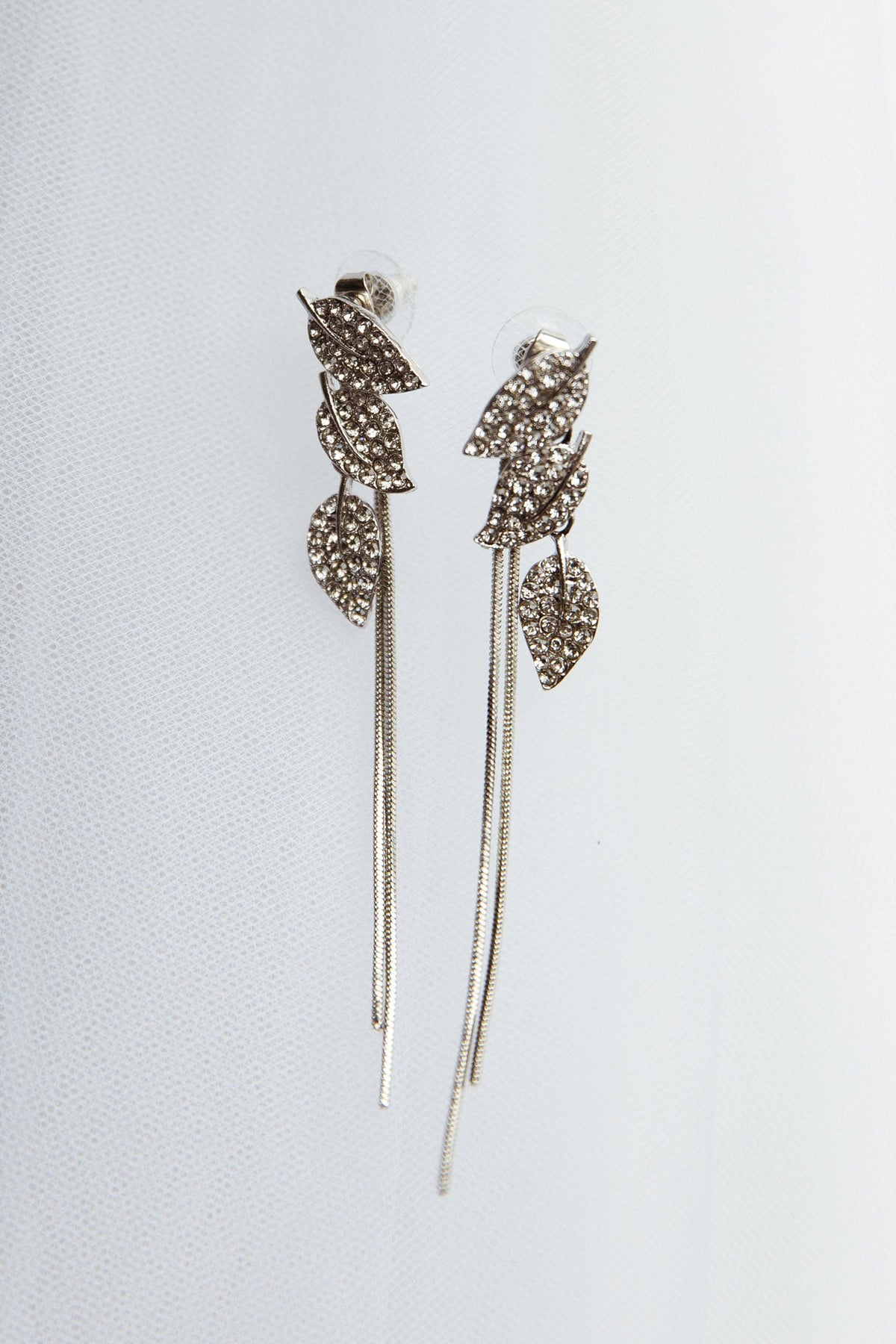 Zircon Leaves Tassel Drop Earrings Silver