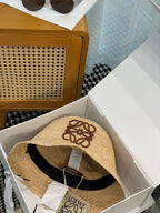 Loewe Women's Khaki Raffia And Cowhide Bucket Hat Flat Cap Large Brim Hat #75956