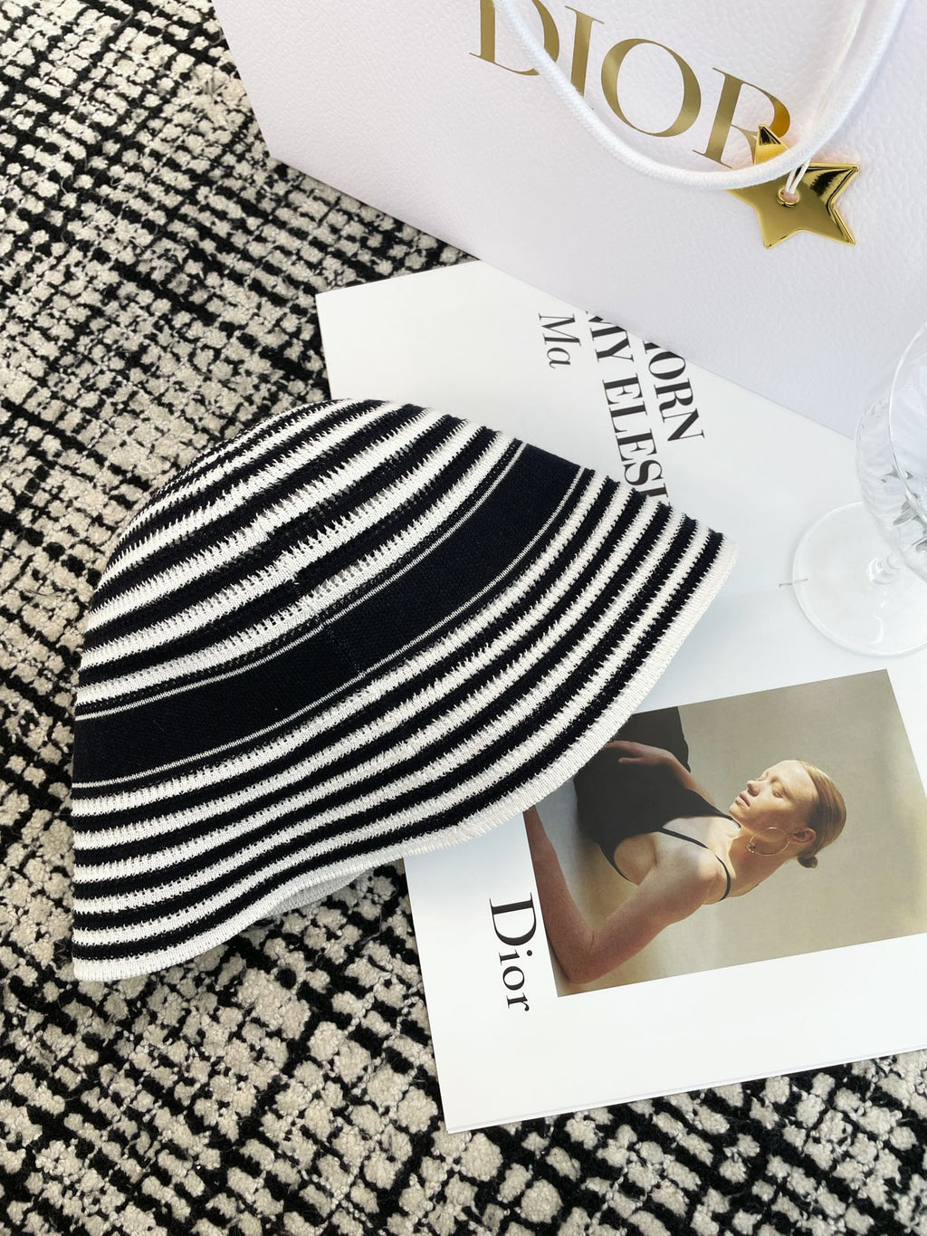 Dior Dioriviera D-Tulipe Women's Black and White Striped Embroidered Letter Printed Cotton Fisherman's Hat Cap #72552
