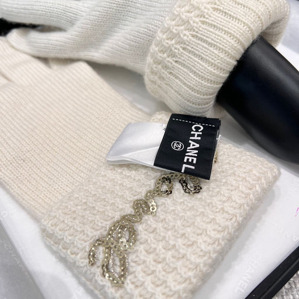 Chanel Cashmere Knit Hat Gloves Scarf #96642