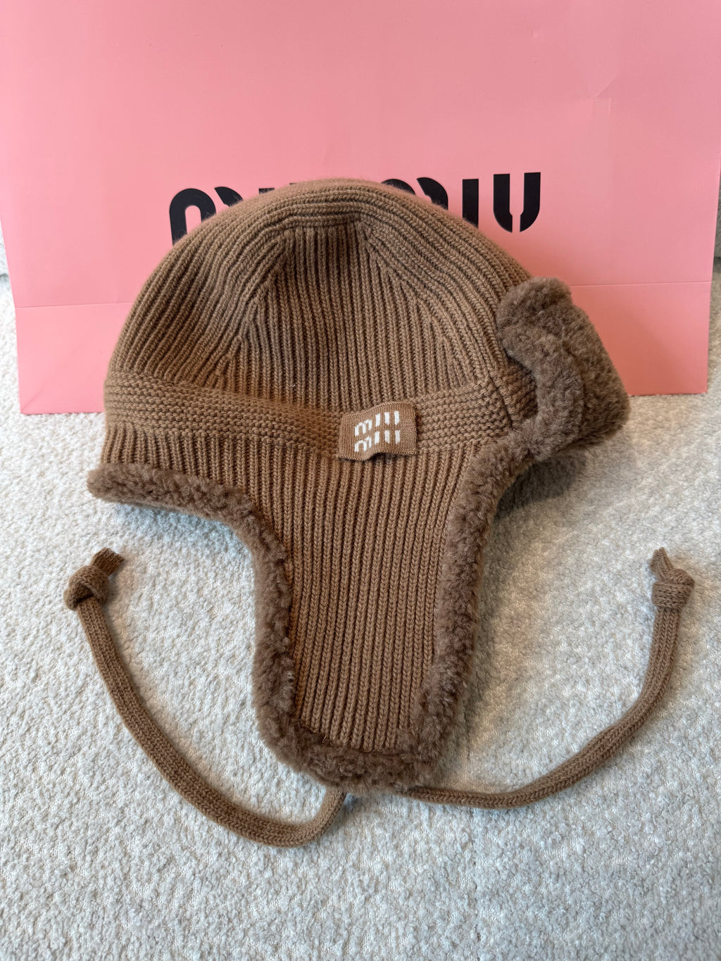 MiuMiu Camel Brown Wool Cashmere And Shearling Trapper Hat #335646