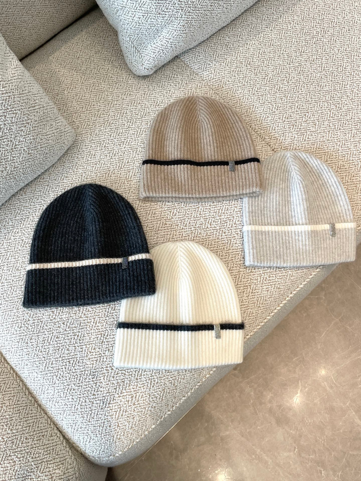 Brunello Cucinelli Women's Fall/Winter Striped Solid Color Cashmere English Rib Knit Beanie With Monili Casual Hat Cap Ngvp #2524