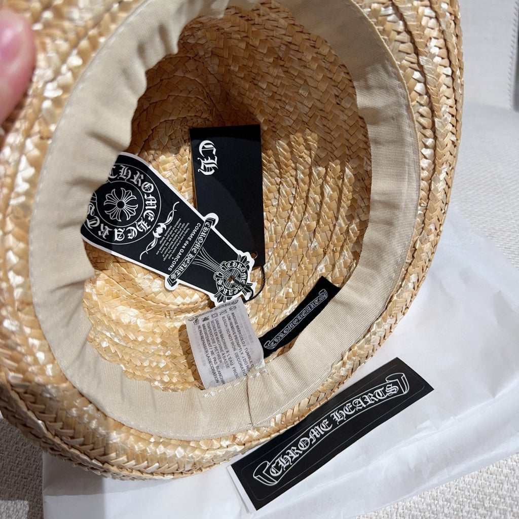 Chrome Hearts Men's And Women's Fashionable Casual Woven Straw Hat Classic Silver Cross Beach Cap Accessories #81522