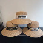 Dior Women's Solid Colour Straw Letter Embroidery Trimmed Strap Fisherman's Hat D-Bobby Wide Brim Hat #76871
