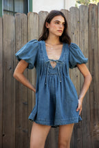 DELANEY Soft Denim Puff Sleeve Denim Romper [Pre-order]
