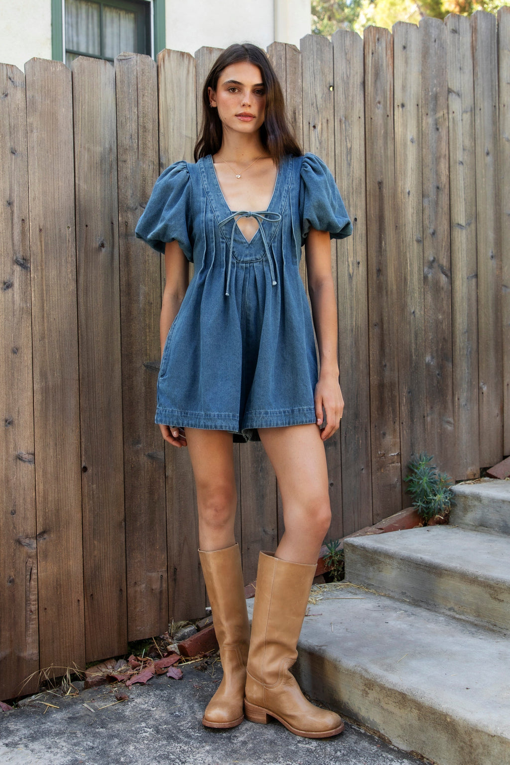 DELANEY Soft Denim Puff Sleeve Denim Romper [Pre-order]