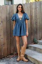 DELANEY Soft Denim Puff Sleeve Denim Romper [Pre-order]