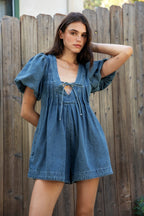 DELANEY Soft Denim Puff Sleeve Denim Romper [Pre-order]