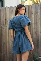 DELANEY Soft Denim Puff Sleeve Denim Romper [Pre-order]