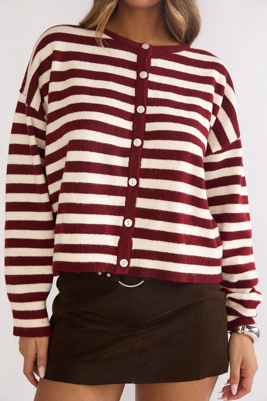Ivyn Button Front Knitwear Top Stripe Crimson