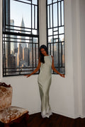 Bedouin Cowl-Back Lace-Hem Gown Matcha