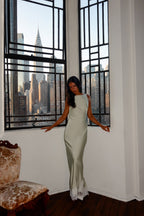 Bedouin Cowl-Back Lace-Hem Gown Matcha