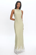 Bedouin Cowl-Back Lace-Hem Gown Matcha