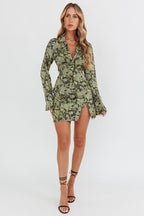 Caledonia Collared Button-Up Satin Shirt Floral Olive