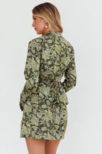Caledonia Collared Button-Up Satin Shirt Floral Olive