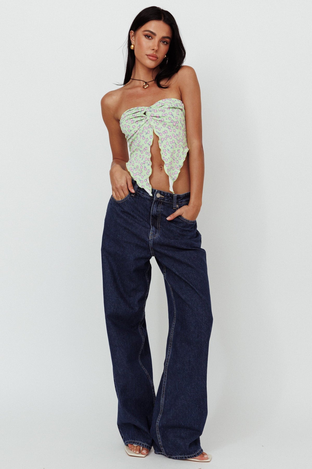 Lulu Strapless Crop Top Lime/Pink