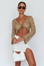 Maycie Long Sleeve Crochet Crop Top Taupe Multi
