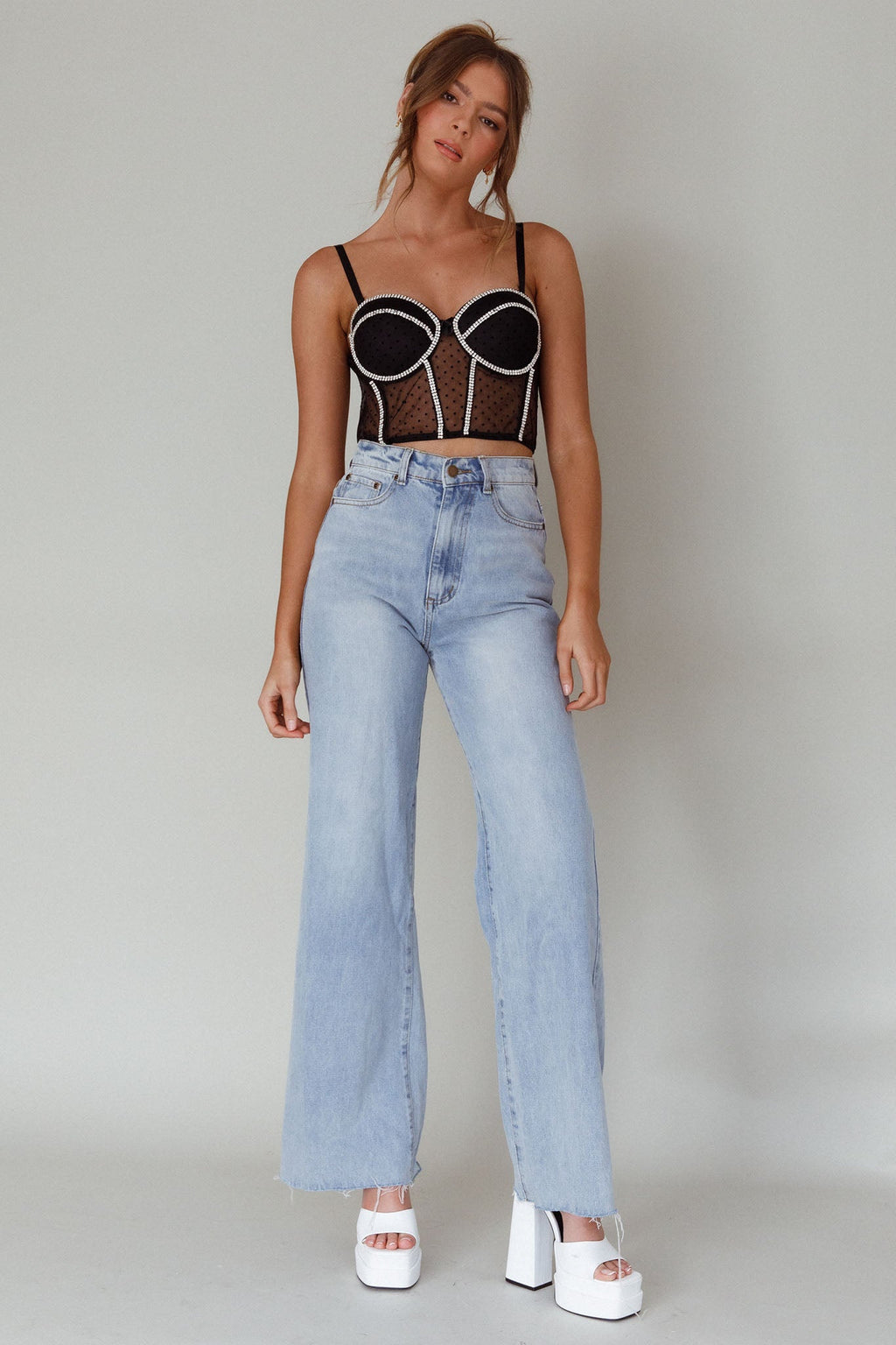 Stop And Stare Diamante Trim Crop Top Black