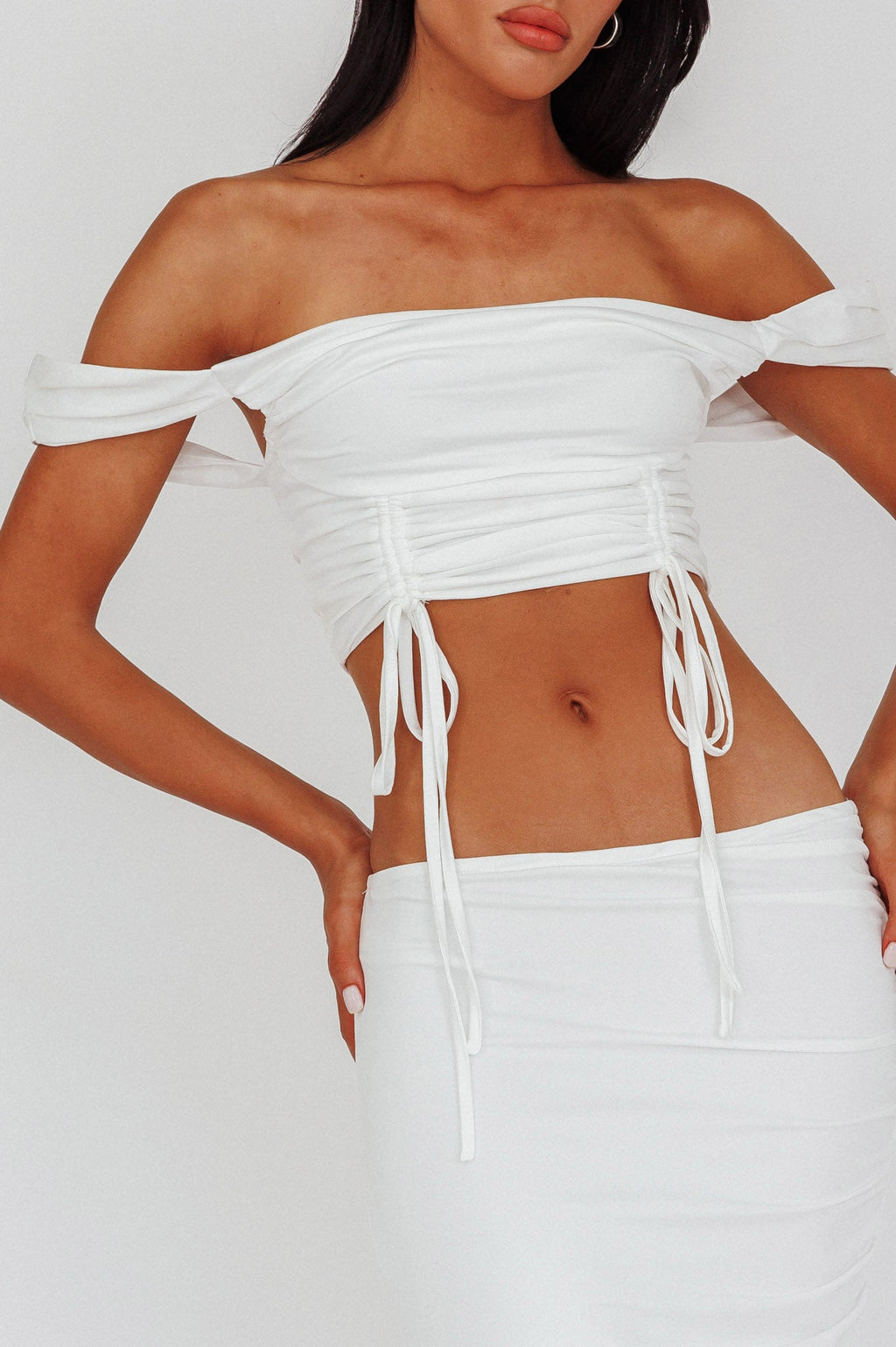 Headliner Drawstring Ruched  Crop Top White