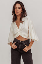 Rejoice Flounce Sleeve Knot Top Ivory