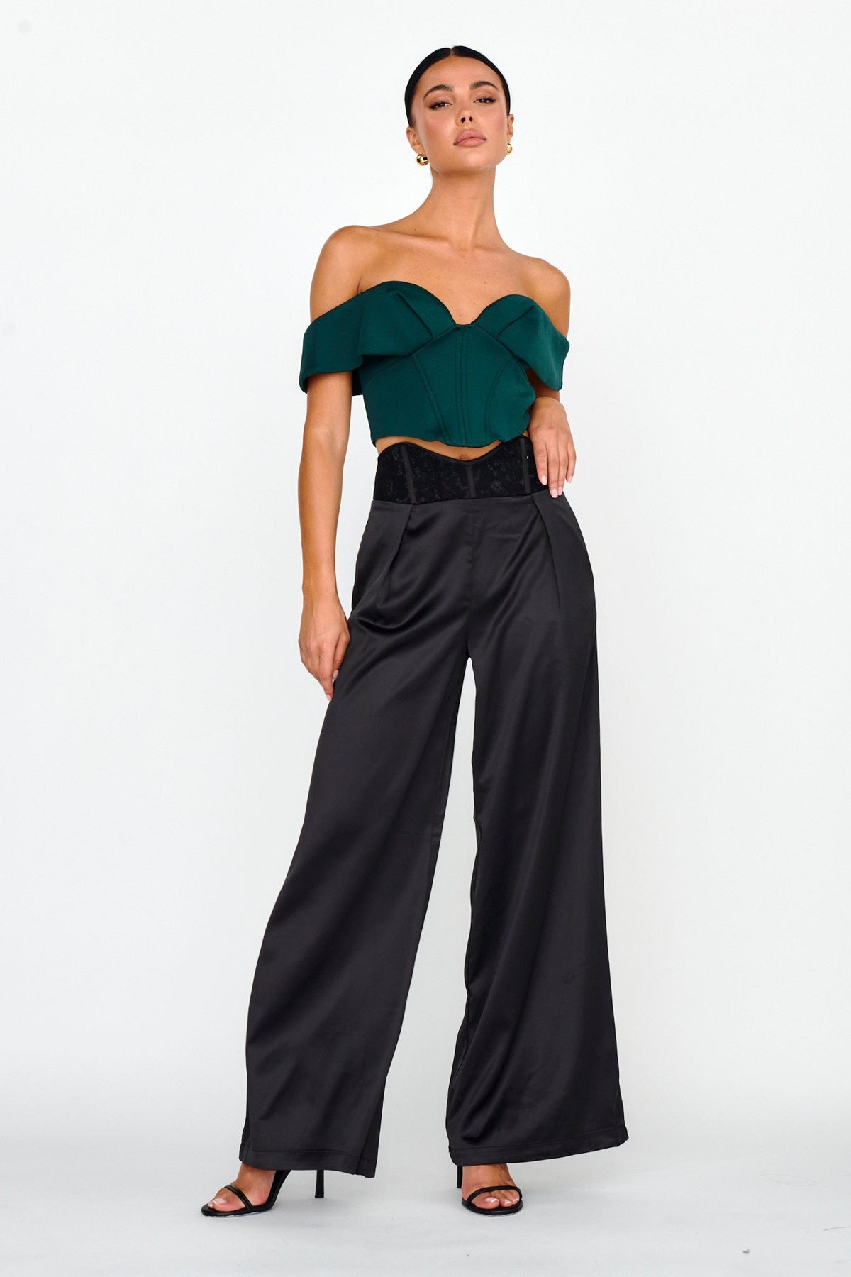 Lucky Stars Curved Waist Lace Trim Pants Black