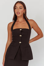 Tammi Button Front Halter Top Black