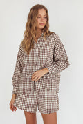 Weekends Away Long Sleeve Button Top Brown Check