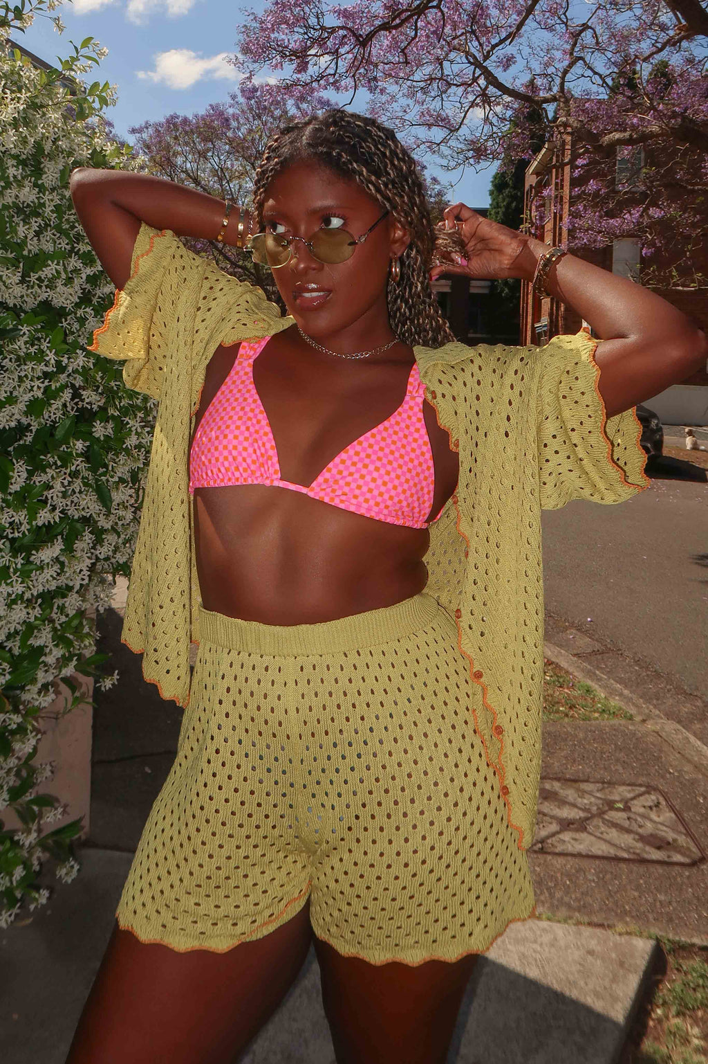 Just A Hunch Button Crochet Shirt Avocado/Pumpkin