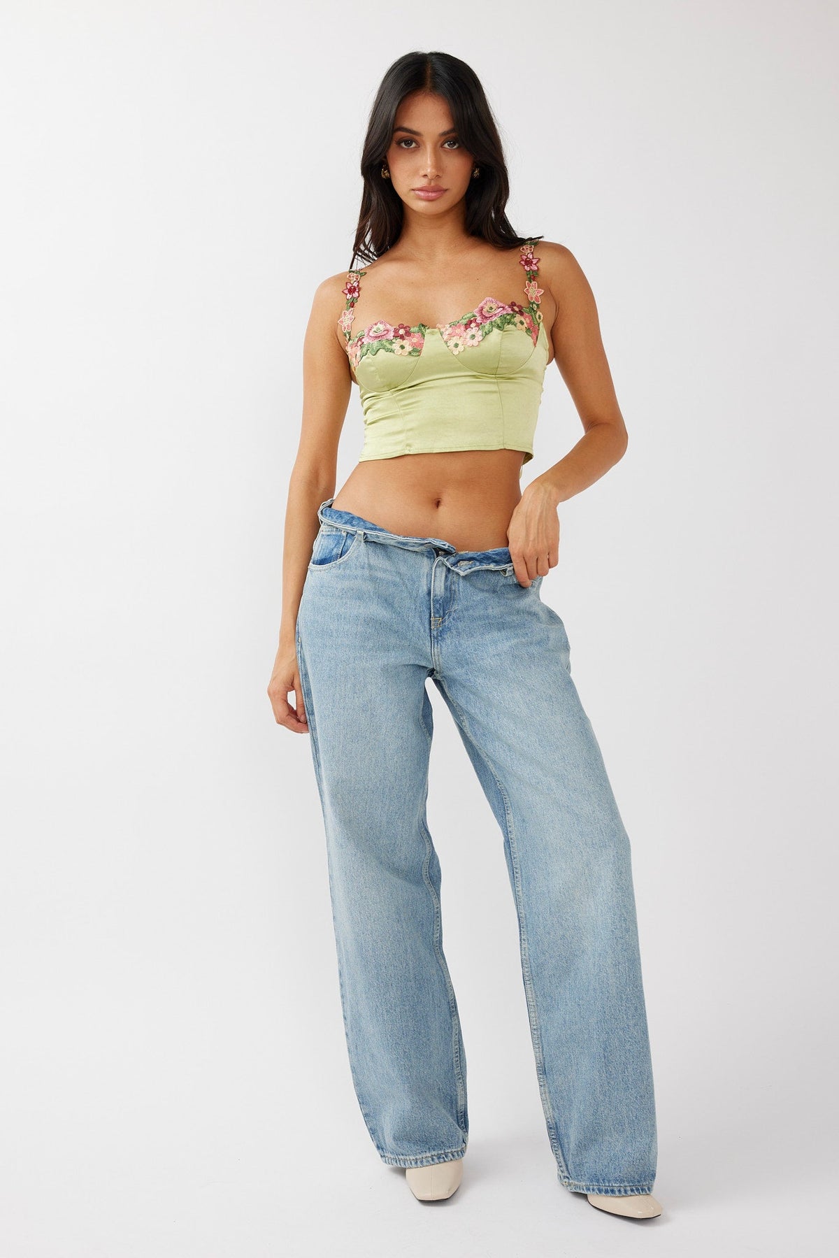 Rose Garden Floral Applique Crop Top Lime