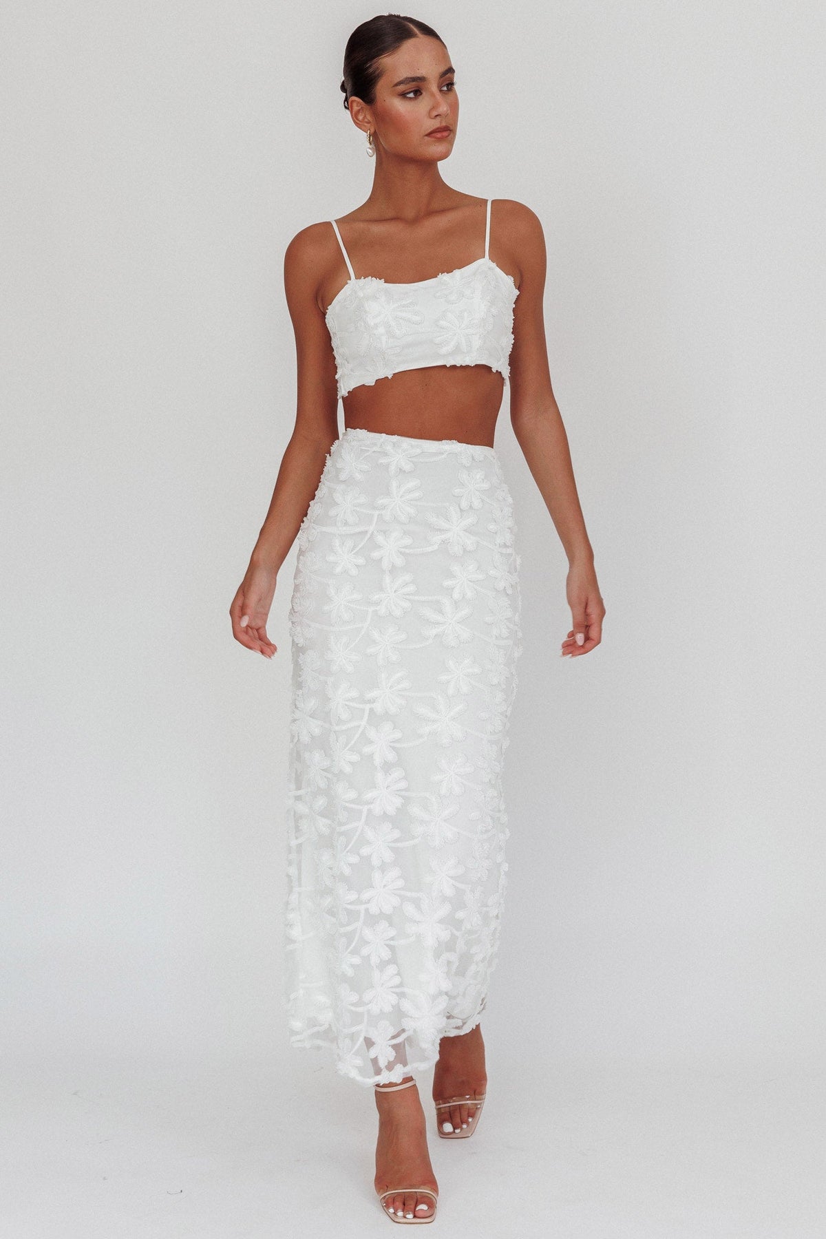Casi Tied Back Crop Top Embroidered White