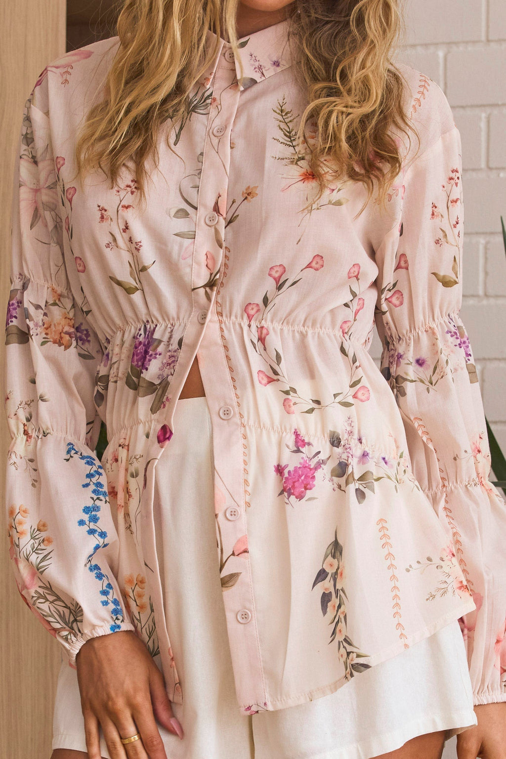 Mirrie Long Sleeve Button Down Top Floral Cream