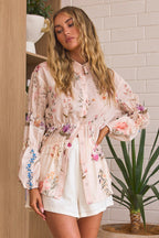 Mirrie Long Sleeve Button Down Top Floral Cream