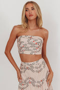 Ezmeralda Strapless Pleat Crop Top Floral Beige