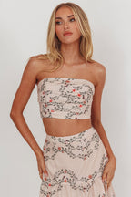 Ezmeralda Strapless Pleat Crop Top Floral Beige