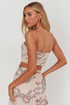 Ezmeralda Strapless Pleat Crop Top Floral Beige