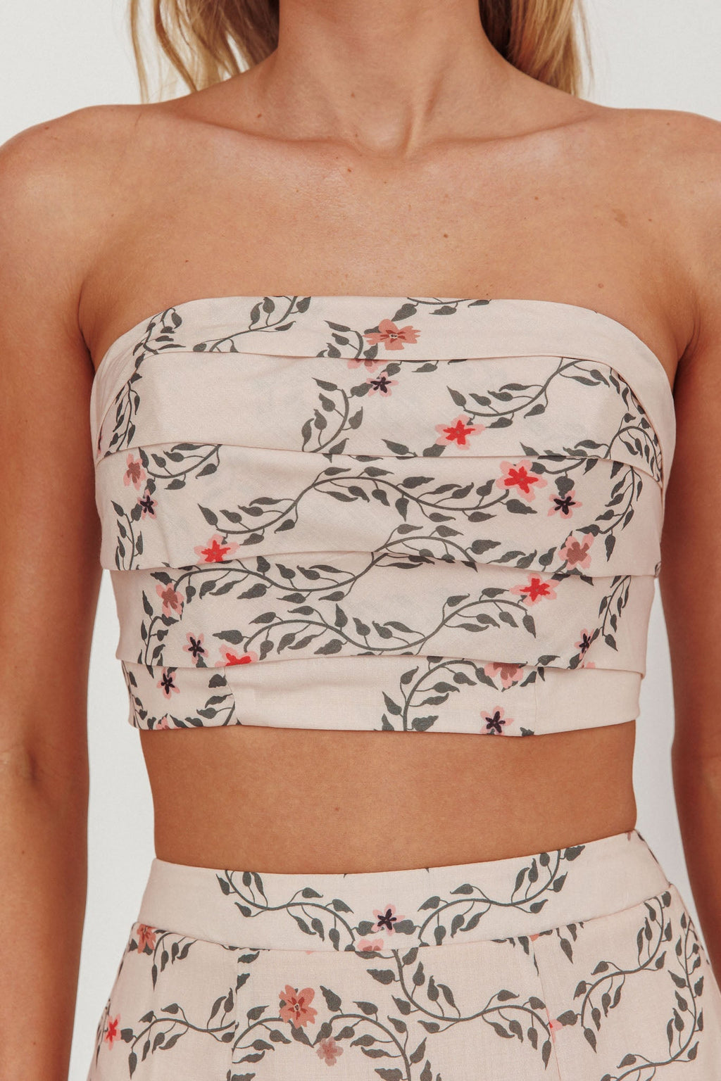 Ezmeralda Strapless Pleat Crop Top Floral Beige