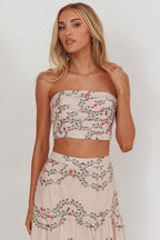 Ezmeralda Strapless Pleat Crop Top Floral Beige