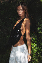 CELESTIA Matte Sequin Halter Top