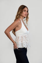 Gwyneth Knit Floral Textured Halter Baby Doll Top