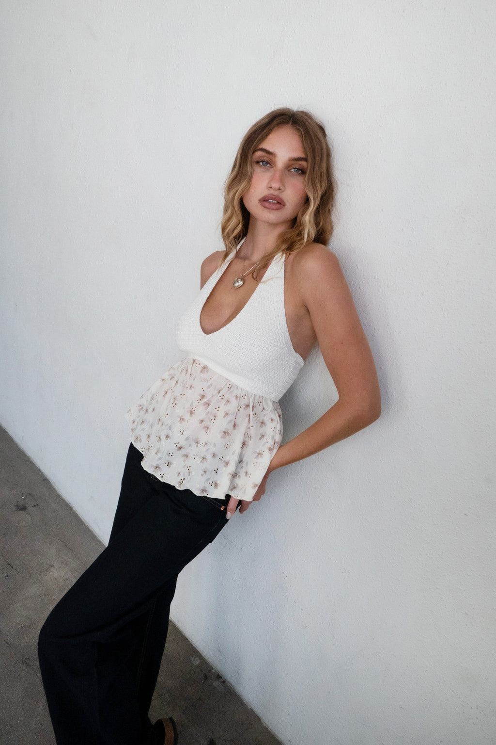 Gwyneth Knit Floral Textured Halter Baby Doll Top