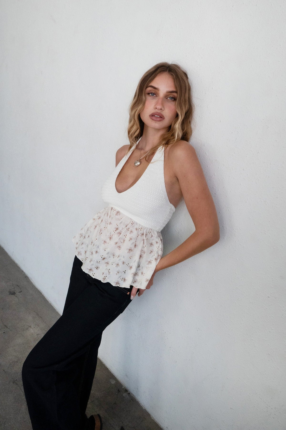 Gwyneth Knit Floral Textured Halter Baby Doll Top