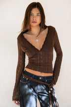 ARLETTE Scalloped V-Neck Long Sleeves Sheer Lace Top