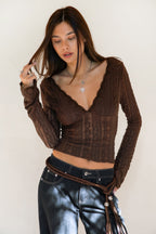 ARLETTE Scalloped V-Neck Long Sleeves Sheer Lace Top